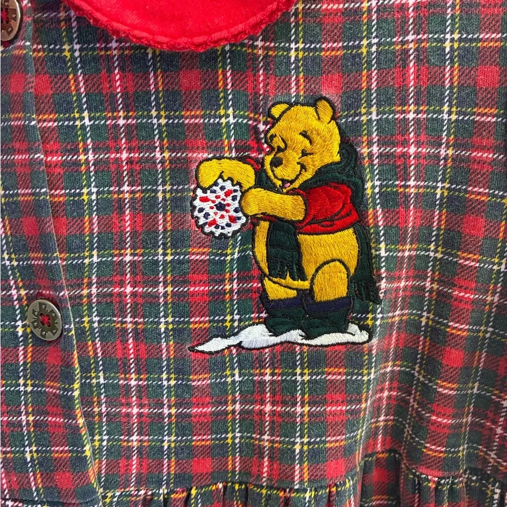 Vintage 90s Winnie the Pooh Plaid Winter Dress Girls 10/12 Rare Disney Red Green